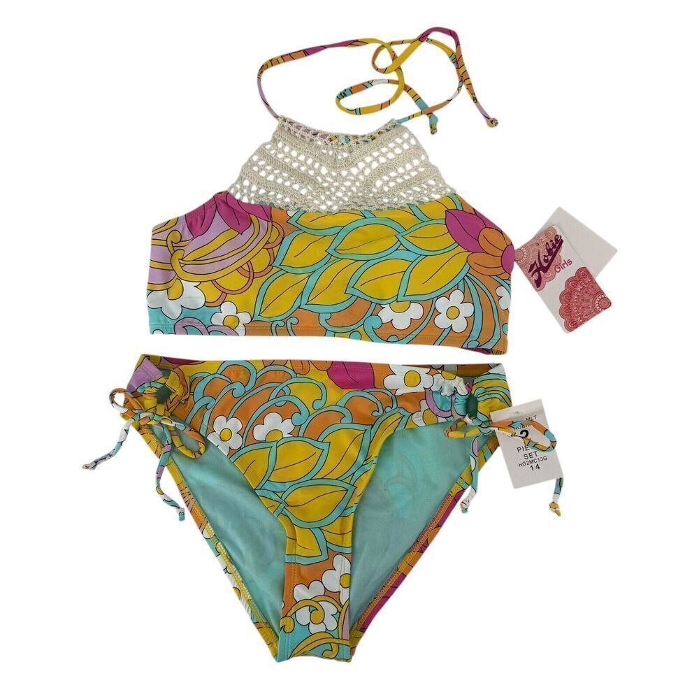 Hobie Bikini Set Girls Size 14 Swimsuit Crochet Halter Multicolor Floral NEW